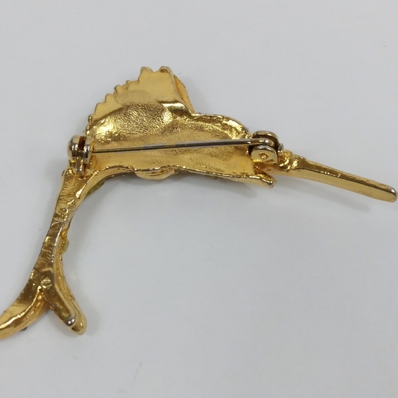 Vintage Gold Tone Swordfish Sail Fish Pin Brooch Yellow Stone - Picture 7 of 7